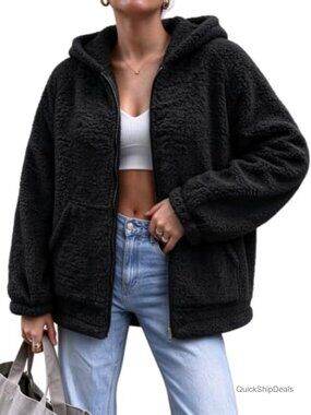 Faux Fur Sherpa Fleece Zip Hooded Winter Coat Warm Jacket